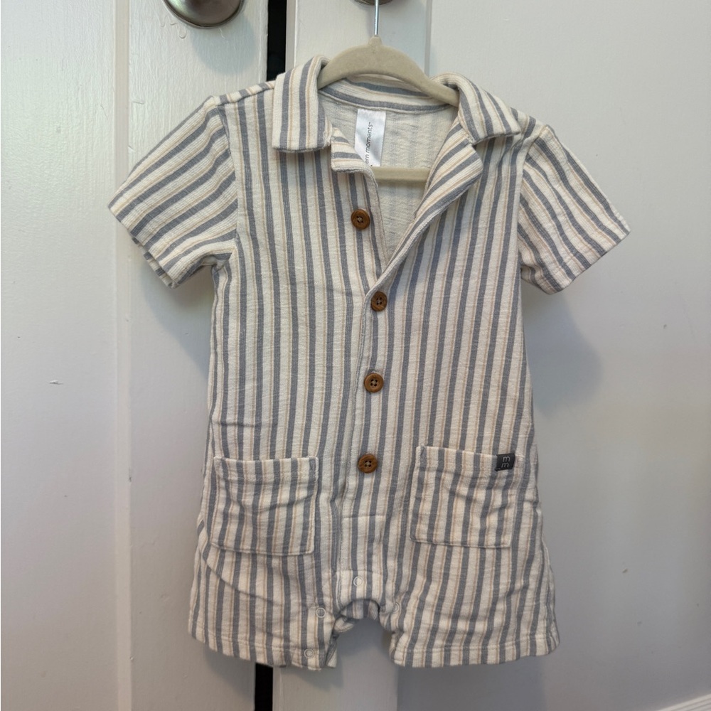 Striped Short Sleeve Button-Up Romper